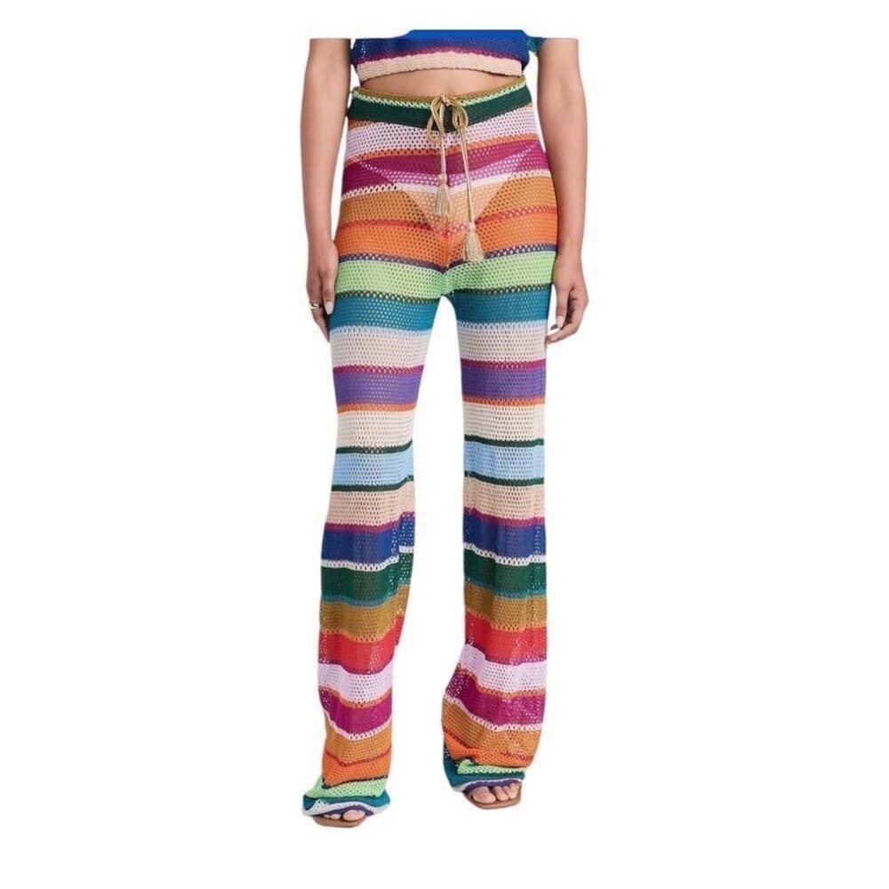 PQ Swim 2 Piece Set Womens M/L Multi Rainbow Stripe Crochet Knit Crop Top Pants - Picture 3 of 8